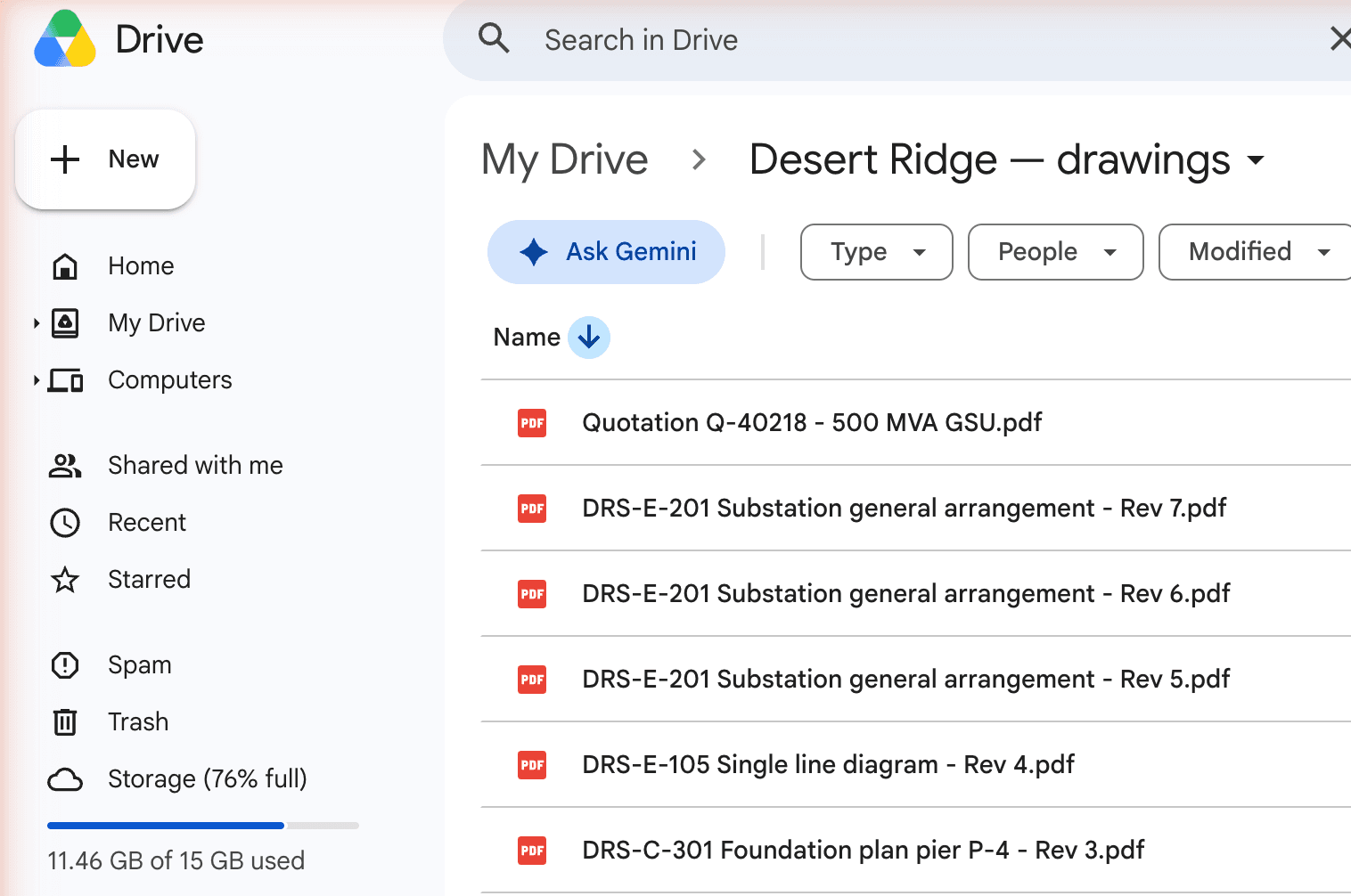 A Google Drive folder named Desert Ridge drawings, holding the substation general arrangement at Rev 7 beside its earlier revisions, the single line diagram, and the GSU quotation.