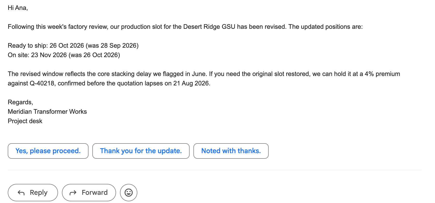 An email thread about the GSU-01 reserved slot in which the supplier moves ready to ship to 26 Oct 2026 and on site to 23 Nov 2026.